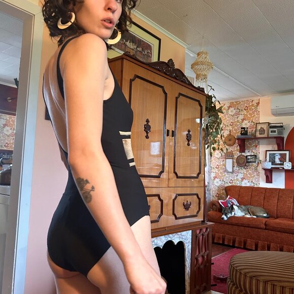 1980s Black and bronze stripe one piece full coverage swim suit - made in canada - Picture 7 of 13